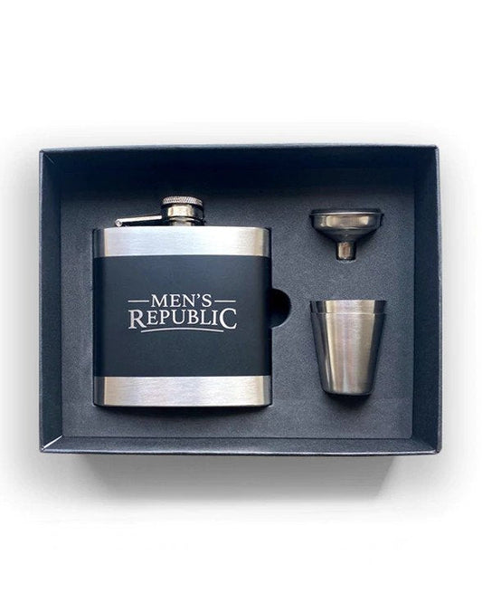 Men's Republic Hip Flask, Funnel and 2 Cups - Silver/Blk