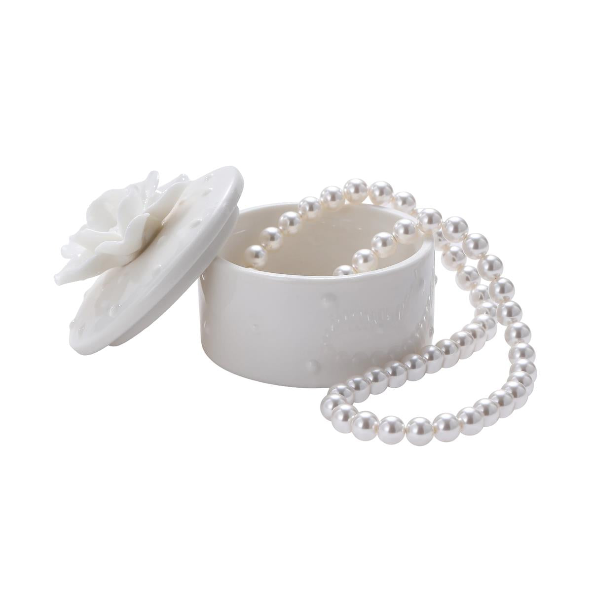 Trinket Box Ceramic Round with White Flower 8 x 7.8cm - Oct 26