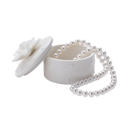 Trinket Box Ceramic Round with White Flower 8 x 7.8cm - Oct 26