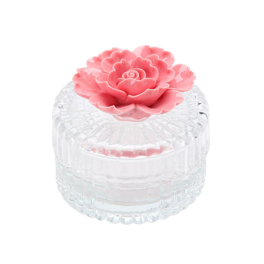 Trinket Box Glass Round with Pink Flower 8 x 7.8cm - Oct 26